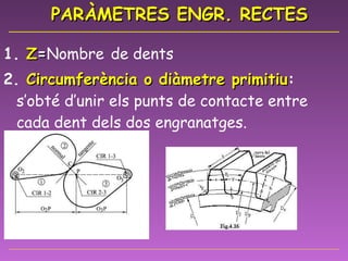 PARÀMETRES ENGR. RECTES 1.  Z = Nombre   de dents 2.  Circumferència o diàmetre primitiu :  s’obté d’unir els punts de contacte entre cada dent dels dos engranatges.  