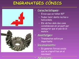 ENGRANATGES CÒNICS Característiques : Eixos que es tallen 90º Poden tenir dents rectes o helicoïdals. Els vèrtex dels dos cons coindideixen en un punt per assegurar que el pas és el mateix. Avantatges : Transmeten esforços importants Inconvenients : Es generen forces axials que no s’aprofiten en el moviment. Aplicacions : Industrial. 