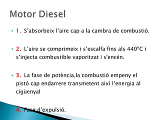 1.  S’absorbeix l’aire cap a la cambra de combustió. 2.  L’aire se comprimeix i s’escalfa fins als 440ºC i s’injecta combustible vaporitzat i s'encén. 3.  La fase de potència,la combustió empeny el pistó cap endarrere transmetent així l’energia al cigüenyal  4.  Fase d’expulsió. 