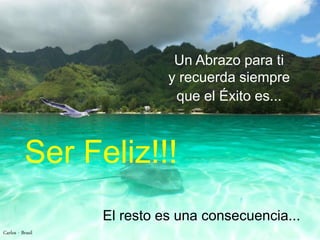 Un Abrazo para ti
                            y recuerda siempre
                             que el Éxito es...



           Ser Feliz!!!
                  El resto es una consecuencia...
Carlos - Brasil
 