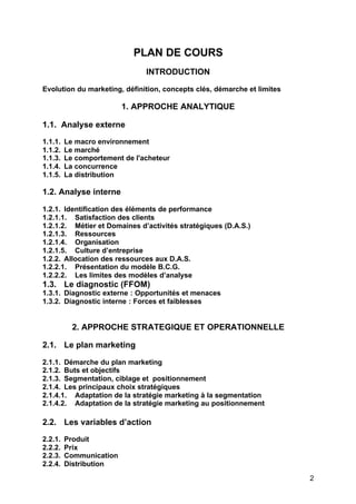 PLAN DE COURS
INTRODUCTION
Evolution du marketing, définition, concepts clés, démarche et limites

1. APPROCHE ANALYTIQUE
1.1. Analyse externe
1.1.1.
1.1.2.
1.1.3.
1.1.4.
1.1.5.

Le macro environnement
Le marché
Le comportement de l'acheteur
La concurrence
La distribution

1.2. Analyse interne
1.2.1. Identification des éléments de performance
1.2.1.1. Satisfaction des clients
1.2.1.2. Métier et Domaines d’activités stratégiques (D.A.S.)
1.2.1.3. Ressources
1.2.1.4. Organisation
1.2.1.5. Culture d’entreprise
1.2.2. Allocation des ressources aux D.A.S.
1.2.2.1. Présentation du modèle B.C.G.
1.2.2.2. Les limites des modèles d’analyse

1.3. Le diagnostic (FFOM)
1.3.1. Diagnostic externe : Opportunités et menaces
1.3.2. Diagnostic interne : Forces et faiblesses

2. APPROCHE STRATEGIQUE ET OPERATIONNELLE
2.1. Le plan marketing
2.1.1. Démarche du plan marketing
2.1.2. Buts et objectifs
2.1.3. Segmentation, ciblage et positionnement
2.1.4. Les principaux choix stratégiques
2.1.4.1. Adaptation de la stratégie marketing à la segmentation
2.1.4.2. Adaptation de la stratégie marketing au positionnement

2.2. Les variables d’action
2.2.1.
2.2.2.
2.2.3.
2.2.4.

Produit
Prix
Communication
Distribution
2

 