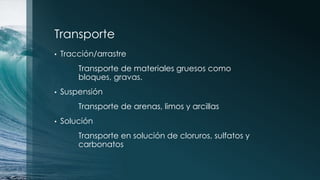Transporte
• Tracción/arrastre
Transporte de materiales gruesos como
bloques, gravas.
• Suspensión
Transporte de arenas, limos y arcillas
• Solución
Transporte en solución de cloruros, sulfatos y
carbonatos
 