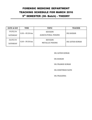 FORENSIC MEDICINE DEPARTMENT
TEACHING SCHEDULE FOR MARCH 2016
5th
SEMESTER (30- Batch) - THEORY
DATE & DAY TIME TOPIC TEACHER
19/03/16
SATURDAY
8.30 – 09.30 Am
REVISION
AGRICULTURAL POISONS
DR. BASKAR
26/03/16
SATURDAY
8.30 – 09.30 Am
REVISION
METALLIC POISONS
DR. SATISH KUMAR
DR. SATISH KUMAR
DR. BASKAR
DR. PRAMOD KUMAR
DR. DHRITIMAN NATH
DR. PRASANNA
 