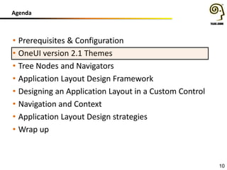 Agenda
10
• Prerequisites & Configuration
• OneUI version 2.1 Themes
• Tree Nodes and Navigators
• Application Layout Design Framework
• Designing an Application Layout in a Custom Control
• Navigation and Context
• Application Layout Design strategies
• Wrap up
 