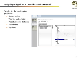 Designing an Application Layout in a Custom Control
27
• Step 2: Set the configuration
properties:
– Banner nodes
– Title Bar nodes (tabs)
– Place Bar nodes (buttons)
– Footer links
– Legal text
 