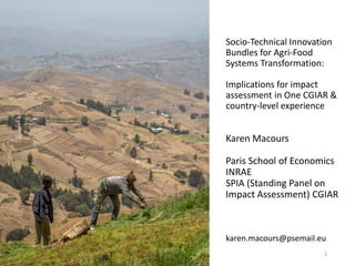 Socio-Technical Innovation
Bundles for Agri-Food
Systems Transformation:
Implications for impact
assessment in One CGIAR &
country-level experience
Karen Macours
Paris School of Economics
INRAE
SPIA (Standing Panel on
Impact Assessment) CGIAR
karen.macours@psemail.eu
1
 