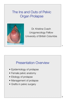 The Ins and Outs of Pelvic
         Organ Prolapse


                     Dr. Kristina Cvach
                   Urogynecology Fellow
                University of British Columbia


                                                 1




        Presentation Overview
•   Epidemiology of prolapse
•   Female pelvic anatomy
•   Etiology of prolapse
•   Management of prolapse
•   Grafts in pelvic surgery



                                                 2
 