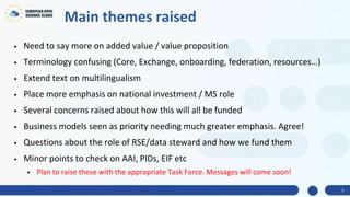 Main themes raised
• Need to say more on added value / value proposition
• Terminology confusing (Core, Exchange, onboarding, federation, resources…)
• Extend text on multilingualism
• Place more emphasis on national investment / MS role
• Several concerns raised about how this will all be funded
• Business models seen as priority needing much greater emphasis. Agree!
• Questions about the role of RSE/data steward and how we fund them
• Minor points to check on AAI, PIDs, EIF etc
• Plan to raise these with the appropriate Task Force. Messages will come soon!
3
 