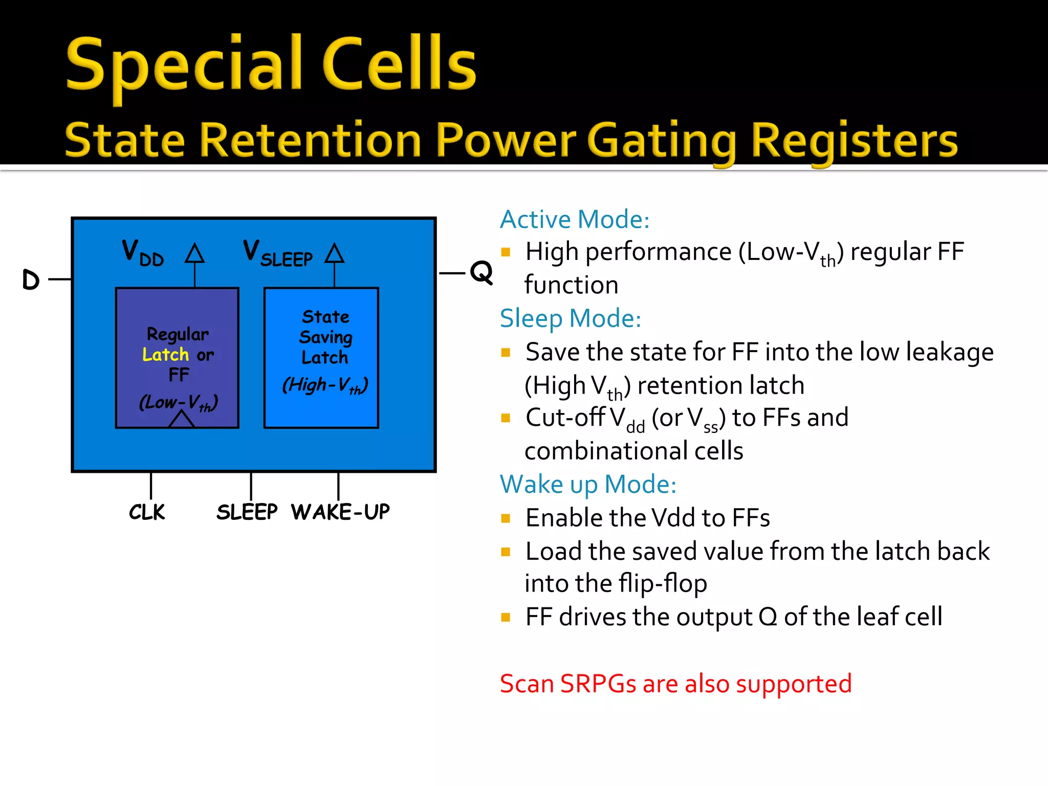 Active	Mode:	
¡  High	performance	(Low-Vth)	regular	FF	
function		
Sleep	Mode:	
¡  Save	the	state	for	FF	into	the	low	leakage	
(High	Vth)	retention	latch	
¡  Cut-oﬀ	Vdd	(or	Vss)	to	FFs	and	
combinational	cells	
Wake	up	Mode:	
¡  Enable	the	Vdd	to	FFs	
¡  Load	the	saved	value	from	the	latch	back	
into	the	ﬂip-ﬂop	
¡  FF	drives	the	output	Q	of	the	leaf	cell	
Scan	SRPGs	are	also	supported	
State Retention Power Gating Registers 	
CLK SLEEP WAKE-UP
D Q
State
Saving
Latch
(High-Vth)
Regular
Latch or
FF
(Low-Vth)
VDD VSLEEP
 