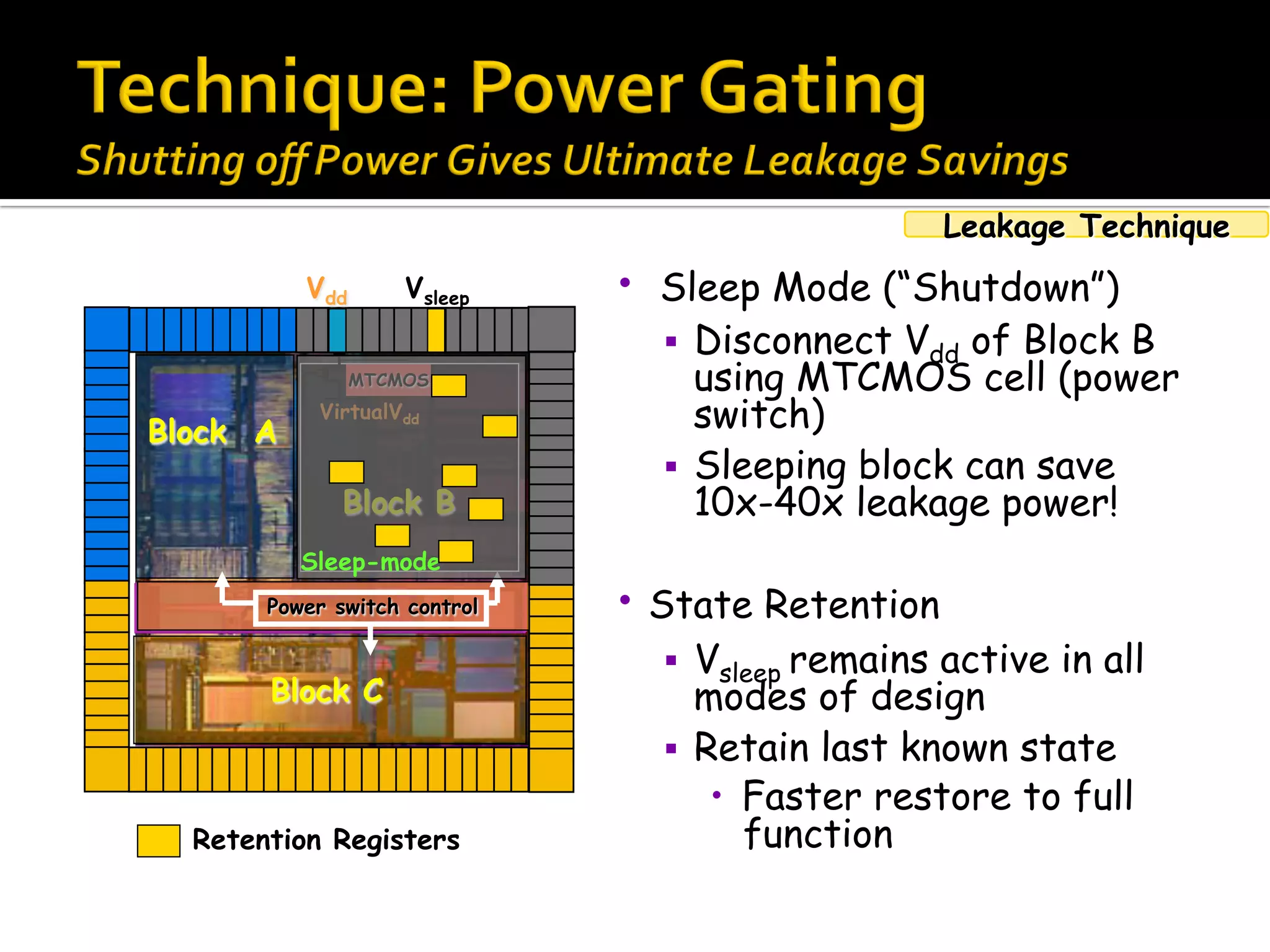 Block A
Block C
•  Sleep Mode (“Shutdown”)
§  Disconnect Vdd of Block B
using MTCMOS cell (power
switch)
§  Sleeping block can save
10x-40x leakage power!
• State Retention
§  Vsleep remains active in all
modes of design
§  Retain last known state
•  Faster restore to full
function
Block B
Retention Registers
Power switch control
MTCMOS
VirtualVdd
Sleep-mode
VsleepVdd
Leakage Technique
 