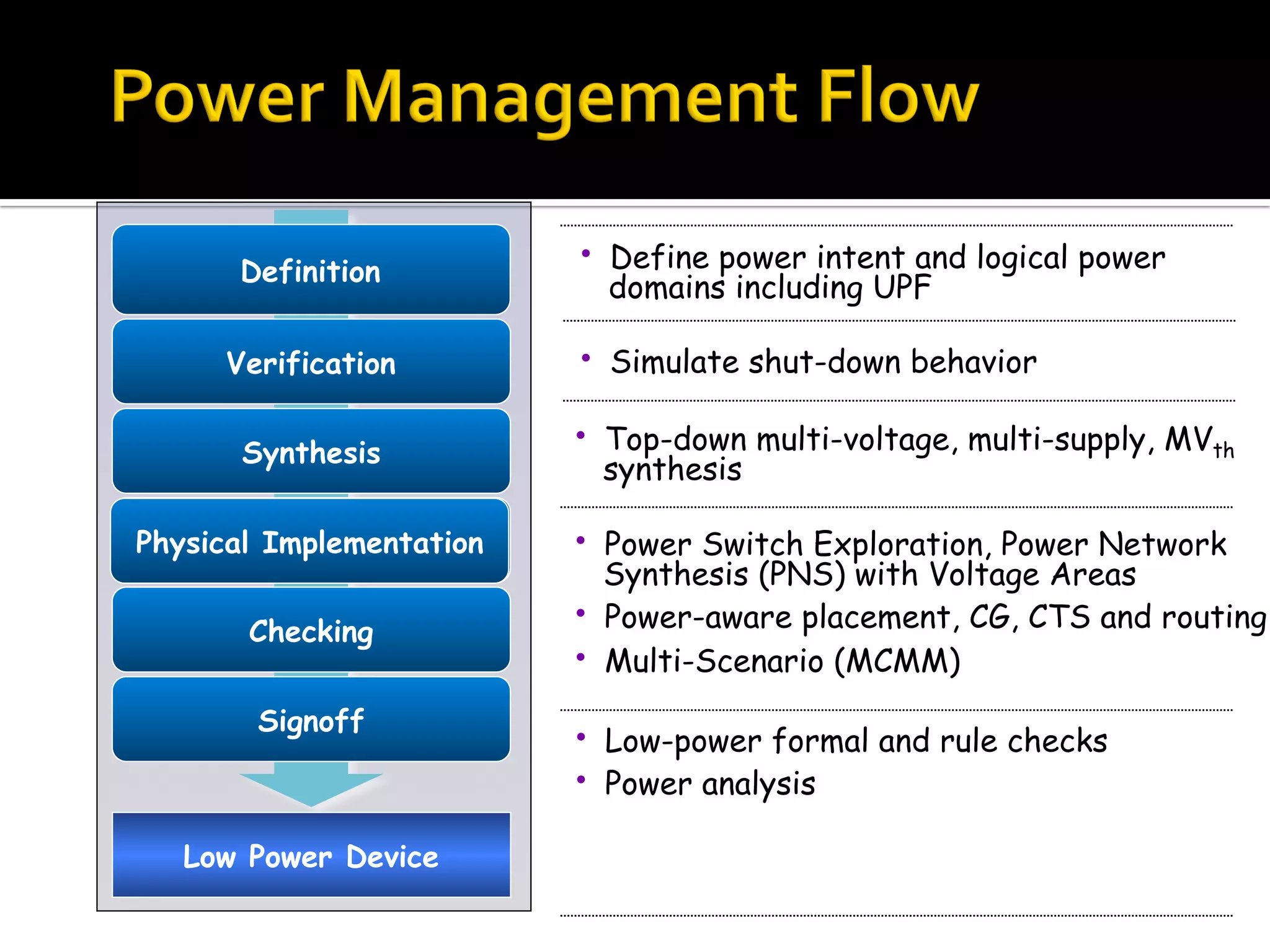 •  Define power intent and logical power
domains including UPF
•  Power Switch Exploration, Power Network
Synthesis (PNS) with Voltage Areas
•  Power-aware placement, CG, CTS and routing
•  Multi-Scenario (MCMM)
•  Low-power formal and rule checks
•  Power analysis
•  Top-down multi-voltage, multi-supply, MVth
synthesis
•  Simulate shut-down behavior
Definition
Verification
Synthesis
Physical Implementation
Checking
Signoff
Low Power Device
Physical Implementation
 