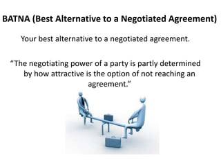 BATNA (Best Alternative to a Negotiated Agreement)
Your best alternative to a negotiated agreement.
“The negotiating power of a party is partly determined
by how attractive is the option of not reaching an
agreement.”
 