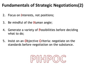 Fundamentals of Strategic Negotiations(2)
2. Focus on nterests, not positions;
3. Be mindful of the uman angle;
4. Generate a variety of ossibilities before deciding
what to do;
5. Insist on an bjective riteria: negotiate on the
standards before negotiation on the substance.
 