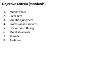 Objective Criteria (standards)
1. Market value
2. Precedent
3. Scientific judgment
4. Professional standards
5. Law or Court Ruling
6. Moral standards
7. Shariah
8. Tradition
 