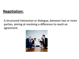 Negotiation:
A structured interaction or dialogue, between two or more
parties, aiming at resolving a difference to reach an
agreement.
 