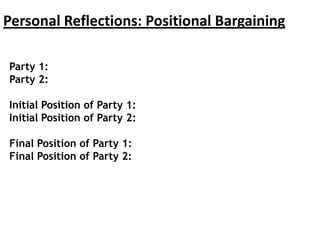 Personal Reflections: Positional Bargaining
Party 1:
Party 2:
Initial Position of Party 1:
Initial Position of Party 2:
Final Position of Party 1:
Final Position of Party 2:
 