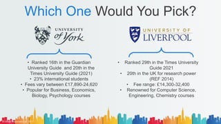 Which One Would You Pick?
• Ranked 16th in the Guardian
University Guide and 20th in the
Times University Guide (2021)
• 23% international students
• Fees vary between £17,890-24,620
• Popular for Business, Economics,
Biology, Psychology courses
• Ranked 29th in the Times University
Guide 2021
• 20th in the UK for research power
(REF 2014)
• Fee range: £14,300-32,400
• Renowned for Computer Science,
Engineering, Chemistry courses
© AH&Z Associates Ltd. 2021 11
 