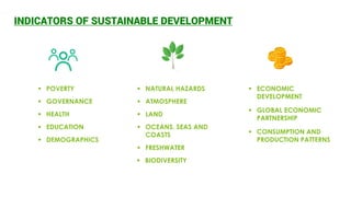 INDICATORS OF SUSTAINABLE DEVELOPMENT
 POVERTY
 GOVERNANCE
 HEALTH
 EDUCATION
 DEMOGRAPHICS
 NATURAL HAZARDS
 ATMOSPHERE
 LAND
 OCEANS, SEAS AND
COASTS
 FRESHWATER
 BIODIVERSITY
 ECONOMIC
DEVELOPMENT
 GLOBAL ECONOMIC
PARTNERSHIP
 CONSUMPTION AND
PRODUCTION PATTERNS
 