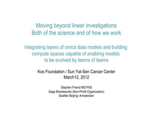 Moving beyond linear investigations
   Both of the science and of how we work

Integrating layers of omics data models and building
    compute spaces capable of enabling models
           to be evolved by teams of teams

      Koo Foundation / Sun Yat-Sen Cancer Center
                    March12, 2012

                    Stephen Friend MD PhD
            Sage Bionetworks (Non-Profit Organization)
                   Seattle/ Beijing/ Amsterdam
 