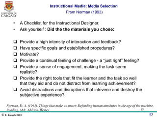 © E. Kowch 2003 iD
13
Instructional Media: Media Selection
From Norman (1993)
• A Checklist for the Instructional Designer.
• Ask yourself : Did the the materials you chose:
 Provide a high intensity of interaction and feedback?
 Have specific goals and established procedures?
 Motivate?
 Provide a continual feeling of challenge - a “just right” feeling?
 Provide a sense of engagement, making the task seem
realistic?
 Provide the right tools that fit the learner and the task so well
that they aid and do not distract from learning achievement?
 Avoid distractions and disruptions that intevene and destroy the
subjective experience?
Norman, D. A. (1993). Things that make us smart: Defending human attributes in the age of the machine.
Reading, MA: Addison-Wesley
 