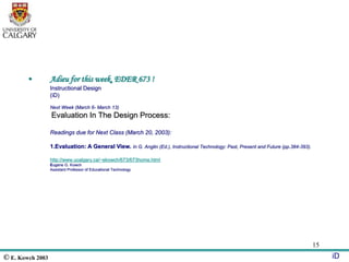 © E. Kowch 2003 iD
15
• Adieu for this week, EDER 673 !
Instructional Design
(iD)
Next Week (March 6- March 13)
Evaluation In The Design Process:
Readings due for Next Class (March 20, 2003):
1.Evaluation: A General View. In G. Anglin (Ed.), Instructional Technology: Past, Present and Future (pp.384-393).
http://www.ucalgary.ca/~ekowch/673/673home.html
Eugene G. Kowch
Assistant Professor of Educational Technology
 
