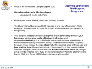 © E. Kowch 2003 iD
3
Applying your Model:
The Blueprint
Assignment
• Value of the Instructional Design Blueprint: 20%
• Conceive and set out a 30 minute lesson
using your ID model and others!
• Use the peer review feedback from your (Posted) ID model
• The blueprint should cover roughly 30 minutes to one hour of instruction. (that's
coverage.. you don't have to create the actual instructional event,just map out the
design for it).
• Your blueprint needs to have enough depth to reveal "consistency" between your
learning or performance goals, objectives, instruction, and
assessment/evaluation. It should also be long enough to reveal a good balance
between teacher activity and learner activity. The blueprint need not be "scripted;"
however, it must indicate the main ideas that will be covered, what will be done, and
how it will be done. Remember that one of the course foci is that you are making
informed, thoughtful, instructional decisions. Evidence of this is important, and you
get to provide evidence here. If you are referencing certain theorists, cite them in the
text, ie: (Dick and Carey, 1990) but do not create a reference list.
 