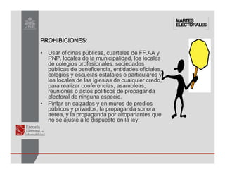 PROHIBICIONES
PROHIBICIONES
PROHIBICIONES
PROHIBICIONES:
• Usar oficinas públicas, cuarteles de FF.AA y
PNP, locales de la municipalidad, los locales
de colegios profesionales, sociedades
públicas de beneficencia, entidades oficiales,
colegios y escuelas estatales o particulares y
los locales de las iglesias de cualquier credo,
para realizar conferencias, asambleas,
reuniones o actos políticos de propaganda
electoral de ninguna especie.
• Pintar en calzadas y en muros de predios
públicos y privados, la propaganda sonora
aérea, y la propaganda por altoparlantes que
no se ajuste a lo dispuesto en la ley.
 