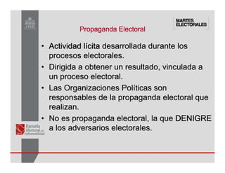 Propaganda Electoral
Propaganda Electoral
Propaganda Electoral
Propaganda Electoral
•
• Actividad l
Actividad l
Actividad l
Actividad l
Actividad l
Actividad l
Actividad l
Actividad lí
í
í
í
í
í
í
ícita
cita
cita
cita
cita
cita
cita
cita desarrollada durante los
desarrollada durante los
procesos electorales.
procesos electorales.
•
• Dirigida a obtener un resultado, vinculada a
Dirigida a obtener un resultado, vinculada a
un proceso electoral.
un proceso electoral.
•
• Las Organizaciones Pol
Las Organizaciones Polí
íticas son
ticas son
responsables de la propaganda electoral que
responsables de la propaganda electoral que
realizan.
realizan.
•
• No es propaganda electoral, la que
No es propaganda electoral, la que DENIGRE
DENIGRE
DENIGRE
DENIGRE
DENIGRE
DENIGRE
DENIGRE
DENIGRE
a los adversarios electorales.
a los adversarios electorales.
 