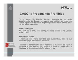 CASO 1: Propaganda Prohibida
En el distrito de Macchu Picchu, provincia de Urubamba
departamento de Cusco, se reportó que existen personas que
vienen repartiendo boletines de propaganda electoral, 24 Hrs. antes
del día de las elecciones.
Norma Infringida.
Art. 389º de la LOE. que configura dicha acción como DELITO
ELECTORAL.
Acciones a tomar.
- Verificará que dicha actividad sea suspendida, para lo cual
solicitará apoyo de la Policía Nacional.
- Pondrá en conocimiento estos hechos a la autoridad del lugar, al
igual que al JEE, el cual, atendiendo a la gravedad de los hechos,
efectuará la denuncia ante la fiscalía de turno.
 