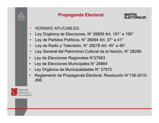 •
• NORMAS APLICABLES:
NORMAS APLICABLES:
NORMAS APLICABLES:
NORMAS APLICABLES:
NORMAS APLICABLES:
NORMAS APLICABLES:
NORMAS APLICABLES:
NORMAS APLICABLES:
•
• Ley Org
Ley Orgá
ánica de Elecciones,
nica de Elecciones, N
N°
° 26859 Art. 181
26859 Art. 181°
° a 195
a 195°
°
•
• Ley de Partidos Pol
Ley de Partidos Polí
íticos,
ticos, N
N°
° 28094 Art. 37
28094 Art. 37°
° a 41
a 41°
°
•
• Ley de Radio y Televisi
Ley de Radio y Televisió
ón,
n, N
N°
° 28278 Art. 45
28278 Art. 45°
° a 48
a 48°
°.
.
•
• Ley General del Patrimonio Cultural de la Naci
Ley General del Patrimonio Cultural de la Nació
ón,
n, N
N°
° 28296.
28296.
Propaganda Electoral
•
• Ley de Elecciones Regionales
Ley de Elecciones Regionales N
N°
°27683
27683
•
• Ley de Elecciones Municipales
Ley de Elecciones Municipales N
N°
° 26864
26864
•
• Ley Org
Ley Orgá
ánica de Municipalidades
nica de Municipalidades N
N°
° 27972
27972
•
• Reglamento de Propaganda Electoral. Resoluci
Reglamento de Propaganda Electoral. Resolució
ón
n N
N°
°136
136-
-2010
2010-
-
JNE.
JNE.
 