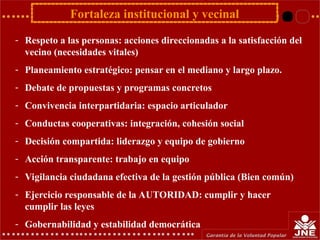 Fortaleza institucional y vecinal
- Respeto a las personas: acciones direccionadas a la satisfacción del
vecino (necesidades vitales)
- Planeamiento estratégico: pensar en el mediano y largo plazo.
- Debate de propuestas y programas concretos
- Convivencia interpartidaria: espacio articulador
- Conductas cooperativas: integración, cohesión social
- Decisión compartida: liderazgo y equipo de gobierno
- Acción transparente: trabajo en equipo
- Vigilancia ciudadana efectiva de la gestión pública (Bien común)
- Ejercicio responsable de la AUTORIDAD: cumplir y hacer
cumplir las leyes
- Gobernabilidad y estabilidad democrática
 