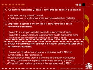 1. Gobiernos regionales y locales democráticos forman ciudadanía:
- Identidad local y cohesión social
- Participación y movilización social en torno a desafíos centrales
2. Empresas, organizaciones y líderes comprometidos con la
formación ciudadana:
- Fomento a la responsabilidad social de las empresas locales
- Fomento a los compromisos institucionales con la ciudadanía plena
- Promoción del compromiso formativo de líderes locales
3. Medios de comunicación asumen y se hacen corresponsables de la
formación ciudadana:
- Promoción de la función educativa y formativa de los MCS en
cumplimiento de las regulaciones
- Autorregulación de la prensa a favor de los derechos ciudadanos
- Diálogo continuo entre representantes de la sociedad y los MCS
- Observatorio ciudadano respecto a los mensajes de los MCS
 