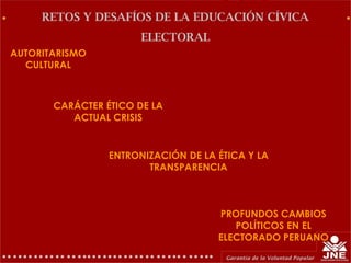 AUTORITARISMO
CULTURAL
RETOS Y DESAFÍOS DE LA EDUCACIÓN CÍVICA
ELECTORAL
CARÁCTER ÉTICO DE LA
ACTUAL CRISIS
ENTRONIZACIÓN DE LA ÉTICA Y LA
TRANSPARENCIA
PROFUNDOS CAMBIOS
POLÍTICOS EN EL
ELECTORADO PERUANO
 