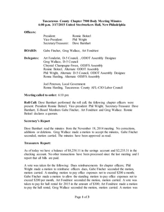 Page 1 of 3
Tuscarawas County Chapter 7900 Body Meeting Minutes
6:00 p.m. 3/17/2015 United Steelworkers Hall, New Philadelphia
Officers:
President: Ronnie Beitzel
Vice-President: Phil Wright
Secretary/Treasurer: Dave Barnhart
BOARD: Gabe Fincher, Greg Wallace, Art Fondriest
Delegates: Art Fonderist, D-5 Council, , ODOT Assembly Designee
Greg Wallace, D-5 Council
Chrystal Champagne-Swan, ODJFS Assembly
Ronnie Beitzel, Alternate ODOT Assembly
Phil Wright, Alternate D-5 Council, ODOT Assembly Designee
Ronna Harding, Alternate ODJFS Assembly
Joel Peterson, Local Government
Ronna Harding, Tuscarawas County AFL-CIO Labor Council
Meeting called to order: 6:10 pm
Roll Call: Dave Barnhart performed the roll call; the following chapter officers were
present: President Ronnie Beitzel; Vice-president Phil Wright; Secretary-Treasurer Dave
Barnhart; E-Board Members Gabe Fincher, Art Fondriest and Greg Wallace. Ronnie
Beitzel declares a quorum.
Secretary’s Report
Dave Barnhart read the minutes from the November 18, 2014 meeting. No corrections,
additions or deletions. Greg Wallace made a motion to accept the minutes, Gabe Fincher
seconded, motion carried. The minutes have been approved as read.
Treasurers Report:
As of today we have a balance of $8,258.11 in the savings account and $2,235.31 in the
checking account. No other transactions have been processed since the last meeting and I
report that all bills are paid.
A vote was taken for the following: Dues reimbursements for chapter officers; Phil
Wright made a motion to reimburse officers dues, Gabe Fincher seconded the motion,
motion carried. A standing motion to pay office expenses not to exceed $200 a month;
Gabe Fincher made a motion to allow the standing motion to pay office expenses not to
exceed $200 per month, Art Fondriest seconded the motion, motion carried. A vote was
taken to pay for hall rental for 2015 in the amount of $300; Art Fondriest made a motion
to pay the hall rental, Greg Wallace seconded the motion, motion carried. A motion was
 