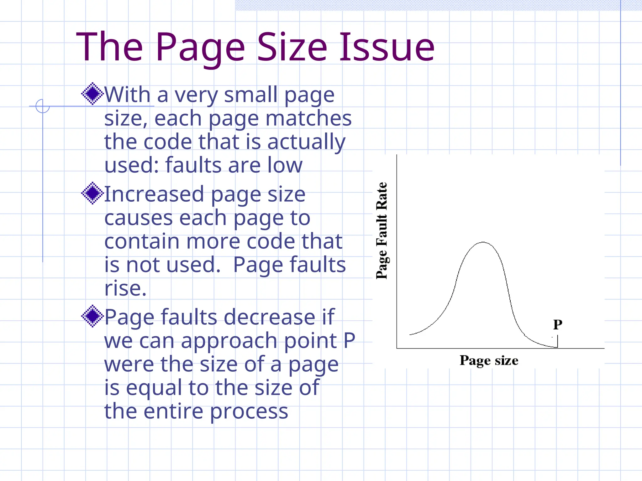 The Page Size Issue
With a very small page
size, each page matches
the code that is actually
used: faults are low
Increased page size
causes each page to
contain more code that
is not used. Page faults
rise.
Page faults decrease if
we can approach point P
were the size of a page
is equal to the size of
the entire process
 