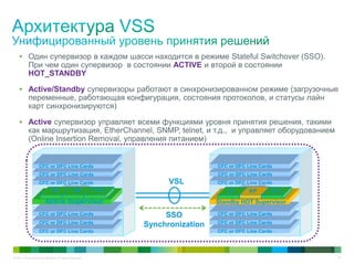 © 2011 Cisco and/or its affiliates. All rights reserved. 18
 Один супервизор в каждом шасси находится в режиме Stateful Switchover (SSO).
При чем один супервизор в состоянии ACTIVE и второй в состоянии
HOT_STANDBY
 Active/Standby супервизоры работают в синхронизированном режиме (загрузочные
переменные, работающая конфигурация, состояния протоколов, и статусы лайн
карт синхронизируются)
 Active супервизор управляет всеми функциями уровня принятия решения, такими
как маршрутизация, EtherChannel, SNMP, telnet, и т.д., и управляет оборудованием
(Online Insertion Removal, управления питанием)
Active Supervisor
SF RP PFC
CFC or DFC Line Cards
CFC or DFC Line Cards
CFC or DFC Line Cards
CFC or DFC Line Cards
CFC or DFC Line Cards
Standby HOT Supervisor
SF RP PFC
VSL
CFC or DFC Line Cards
CFC or DFC Line Cards
CFC or DFC Line Cards
CFC or DFC Line Cards
CFC or DFC Line Cards
CFC or DFC Line Cards
CFC or DFC Line Cards
SSO
Synchronization
 