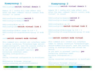 © 2011 Cisco and/or its affiliates. All rights reserved. 44
Коммутатор 2
VSS1(config)#switch virtual domain 1
Domain ID 1 config will take effect only
after the exec command 'switch convert mode
virtual' is issued
VSS1(config-vs-domain)#switch 1
VSS1(config-vs-domain)#exit
VSS1(config)#int po 10
VSS1(config-if)#switch virtual link 1
VSS1(config-if)#int range te 5/4 - 5
VSS1(config-if-range)#channel-group 10 mode
on
vss1#switch convert mode virtual
This command will convert all interface names
to naming convention "interface-type switch-
number/slot/port", save the running config to
startup-config and reload the switch.
Do you want to proceed? [yes/no]: yes
Converting interface names
Building configuration...
[OK]
Saving converted configuration to bootflash:
...
Destination filename [startup-
config.converted_vs-20110910-100453]?
VSS2(config)#switch virtual domain 1
Domain ID 1 config will take effect only
after the exec command 'switch convert mode
virtual' is issued
VSS2(config-vs-domain)#switch 2
VSS2(config-vs-domain)#exit
VSS2(config)#int po 20
VSS2(config-if)#switch virtual link 2
VSS2(config-if)#intrange te 5/4 - 5
VSS2(config-if-range)#channel-group 20 mode
on
vss2#switch convert mode virtual
This command will convert all interface
names to naming convention "interface-type
switch-number/slot/port", save the running
config to startup-config and reload the
switch.
Do you want to proceed? [yes/no]: yes
Converting interface names
Building configuration...
[OK]
Saving converted configuration to bootflash:
...
Destination filename [startup-
config.converted_vs-20110910-1004521]?
Коммутатор 1
 