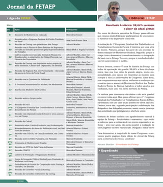 4Agenda fEtaEp                                                                                                                                         4Editorial fEtaEp

Março                                                                                                          Resultado histórico: 98,64% votaram
Dia     ações                                                     participantes                                             a favor da atual gestão
                                                                                                    Em nome da diretoria executiva da Fetaep, posso afirmar
 01     Encontro de Mulheres em Colorado                          Mercedes Demore
                                                                                                    que estamos muito felizes por participarmos de um momen-
        Reunião sobre o Programa Nacional de Crédito Fundiário,                                     to histórico e tão importante como este.
 01                                                               Ana Paula Conter Lara
        em Farol




                                                                                                                                                                                               Imagens: Assessoria de Imprensa FETAEP
 01     Reunião na Contag com presidentes das Fetags              Ademir Mueller                    A realização do 1º Congresso Estadual dos Trabalhadores e
        Reunião com o Fórum de Boas Práticas de Segurança                                           Trabalhadoras Rurais do Paraná é histórica por uma série
 02     e Saúde no Trabalho promovido pela Superintendência       Mário Plefk e Angela Fachineti    de fatores. Primeiro, porque faz parte de um processo de
        do Trabalho                                                                                 democratização do Movimento Sindical. Segundo, porque a
        Café da manhã com bancada federal do Paraná em            Ademir Mueller, Jairo Cor-        chapa única demonstra o amadurecimento e a integração
 02     Brasília sobre o substitutivo do Código Florestal, na     rea, Aristeu Ribeiro e Marcos
                                                                                                    da base com a Fetaep. Terceiro, porque o resultado da elei-
        Câmara dos Deputados                                      Brambilla
                                                                                                    ção foi surpreendente e inédito.
                                                                  Ademir Mueller, Jairo Cor-
        Reunião da Contag com deputados sobre projeto de
 02                                                               rea, Aristeu Ribeiro e Marcos
        Meio Ambiente, Câmara dos Deputados, em Brasília
                                                                  Brambilla                         Nunca tivemos, nestes 47 anos de história da Fetaep, um
                                                                  Ademir Mueller, Mário Plefk,      índice de aprovação tão grande: 98,64% a favor da chapa
        Reunião da Regional Sul, em Florianópolis – discussão
 03                                                               Jairo Correa e Marcos Bram-       única. Isso nos traz, além de grande alegria, muita res-
        da pauta do Grito da Terra Brasil
                                                                  billa                             ponsabilidade, pois vamos nos empenhar ao máximo para
                                                                  Aristeu Ribeiro, Mário Plefk,     cumprir à risca as deliberações do Congresso. Além disso,
 10     Reunião com a Comissão de Habitação                       Marcos Brambilla e Luciana
                                                                                                    nos comprometemos em efetuar melhorias e mudanças ne-
                                                                  Polizeli
                                                                                                    cessárias para o avanço do Movimento Sindical dos Traba-
 11     II Encontro Internacional da Mulher, em Medianeira        Mercedes Demore
                                                                                                    lhadores Rurais do Paraná. Agradeço a todos aqueles que
                                                                  Mercedes Demore, Ademir
 12     Marcha das Mulheres em Curitiba                           Mueller, Marcos Brambilla,
                                                                                                    confiaram, mais uma vez, nesta diretoria da Fetaep.
                                                                  Elisa Betinardi
                                                                  Ademir Mueller, Mário Plefk,      Os motivos para comemorar são vários e não seria possível
                                                                  Jairo Correa, Marcos Bram-        enumerar todos aqui. Mas, posso afirmar que o 1º Congresso
 14     Reunião sobre o Grupo Atalla
                                                                  billa, João Toledo, Ana Paula     Estadual dos Trabalhadores e Trabalhadoras Rurais do Para-
                                                                  Conter Lara
                                                                                                    ná terminou com um saldo muito positivo em vários aspectos.
 14     Reunião do FETI                                           Mercedes Demore                   Destaco, entre eles, a grande participação e colaboração dos
16 a    1º Congresso Estadual dos Trabalhadores e Trabalha-       Diretores, assessores e funcio-   delegados e das delegadas presentes, assim como a presença
 18     doras Rurais do Paraná                                    nários
                                                                                                    das autoridades que prestigiaram a abertura solene.
                                                                  Ademir Mueller, Mário Plefk,
        Reunião com deputado Assis do Couto e seus assesso-
 21                                                               Aristeu Ribeiro, Mercedes
        res, na Fetaep                                                                              Gostaria de deixar também um agradecimento especial à
                                                                  Demore e Marcos Brambilla
                                                                  Mário Plefk, Marcos Brambilla     equipe da Fetaep – funcionários e assessores – que muito
 22     Reunião do Cedraf                                                                           se esforçou para a realização de um evento organizado; e ao
                                                                  e Mercedes Demore
 23     Seminário sobre Crédito Fundiário, em Prudentópolis       Marcos Brambilla                  Senar – sem esse apoio, não seria possível a realização de
        Acompanhamento de obras da habitação rural, em São Aristeu Ribeiro e Volmir                 um Congresso tão bem estruturado. Obrigado a todos vocês!
 23
        José dos Pinhais                                   Votolin
        Reunião com GIDUR, na Caixa Econômica, em Curiti-         Aristeu Ribeiro e Volmir          Para demonstrar a magnitude do nosso Congresso, reser-
 24
        ba                                                        Votolin                           vamos quatro páginas desta edição do Jornal da Fetaep
 24     Reunião sobre Crédito Fundiário, em Pinhalão              Marcos Brambilla                  para a cobertura do evento. Confiram!
24 a                                                              Mercedes Demore e Marucha
        Seminário de Mulheres em Brasília
 26                                                               Vettorazzi                        Ademir Mueller - Presidente da Fetaep
 25     Reunião no STTR de Bela Vista do Paraíso                  Marcos Brambilla
 27     Reunião CNMTR                                             Mercedes Demore                   4Expediente
 28 e
        Coletivo de Formação e Organização Sindical               Ademir Mueller e Maristânia Izê                     INFORMATIvO DA FEDERAçãO DOS TRABAlhADORES
  29
                                                                                                                             NA AGRICulTuRA DO ESTADO DO PARANá
        Curso de formação Político Sindical para Comissão de                                                     Av. Silva Jardim, 775 – Rebouças – Curitiba (PR) – Fone: (41) 3322-8711
 29                                                               Mercedes Demore e Comissão
        Mulheres, na Fetaep
                                                                                                      Presidente: Ademir Mueller; vice-presidente: Mário Pléfk; Secretário: Aristeu Ribeiro;
        Formalização do Acordo de Cooperação entre Contag e       Ademir Mueller, Mário Plefk e       Tesoureiro: Jairo Corrêa de Almeida; Coordenadora de mulheres: Mercedes Panassol;
 29
        Unicafes, em Brasília                                     Maristãncia Izê                     Coordenador de jovens: Marcos Brambilla.

 29     Reunião do Conselho Fiscal da Contag                      Ademir Mueller                      Jornalista responsável: Renata Souza - 5703 SRTE/PR - e-mail: imprensa@fetaep.org.br
 30 e                                                             Ademir Mueller, Mário Plefk e       Projeto gráfico e diagramação: Eduardo Rozende - RDO Brasil - (41) 3338-7054
        Reunião do Conselho Deliberativo da Contag                                                    Impressão: Gráfica Capital | Tiragem: 5 mil exemplares | Apoio: Senar-PR
  31                                                              Marucha Vettorazzi


          2   FETAEP
 