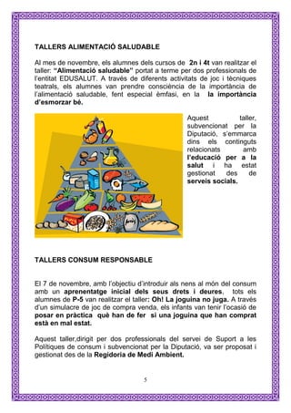 TALLERS ALIMENTACIÓ SALUDABLE

Al mes de novembre, els alumnes dels cursos de 2n i 4t van realitzar el
taller: “Alimentació saludable” portat a terme per dos professionals de
l’entitat EDUSALUT. A través de diferents activitats de joc i tècniques
teatrals, els alumnes van prendre consciència de la importància de
l’alimentació saludable, fent especial èmfasi, en la la importància
d’esmorzar bé.

                                                 Aquest           taller,
                                                 subvencionat per la
                                                 Diputació, s’emmarca
                                                 dins els continguts
                                                 relacionats       amb
                                                 l’educació per a la
                                                 salut i ha estat
                                                 gestionat   des      de
                                                 serveis socials.




TALLERS CONSUM RESPONSABLE


El 7 de novembre, amb l’objectiu d’introduir als nens al món del consum
amb un aprenentatge inicial dels seus drets i deures, tots els
alumnes de P-5 van realitzar el taller: Oh! La joguina no juga. A través
d’un simulacre de joc de compra venda, els infants van tenir l’ocasió de
posar en pràctica què han de fer si una joguina que han comprat
està en mal estat.

Aquest taller,dirigit per dos professionals del servei de Suport a les
Polítiques de consum i subvencionat per la Diputació, va ser proposat i
gestionat des de la Regidoria de Medi Ambient.


                                   5
 