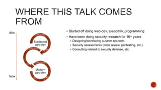  Started off doing web-dev, sysadmin, programming
90‟s
                      Have been doing security research for 10+ years
       Traditional      Designing/developing custom sec-tech.
        web-dev         Security assessments (code review, pentesting, etc.)
                        Consulting related to security defense, etc.




        Modern
        web-dev
Now
 