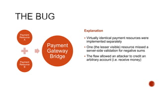 Explanation
Payment
Resource              Virtually identical payment resources were
   A
                      implemented separately
           Payment    One (the lesser visible) resource missed a
           Gateway    server-side validation for negative sums
            Bridge    The flaw allowed an attacker to credit an
                      arbitrary account (i.e. receive money)
Payment
Resource
   B
 