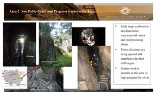 16
Area 2: San Pablo North and Pregones Exploration Areas
• Early stage exploration
has discovered
numerous old mines
and old processing
plants
• These old mines are
being opened and
sampled to develop
drill targets
• Further work is
planned in this area of
high potential for silver
Old Mines
Epithermal Silver Veins
Old Processing Plants
Old mines
High
Discovery
Potential
 