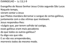 EVANGELHO – Lc 13,1-9
Evangelho de Nosso Senhor Jesus Cristo segundo São Lucas
Naquele tempo,
vieram contar a Jesus
que Pilatos mandara derramar o sangue de certos galileus,
juntamente com o das vítimas que imolavam.
Jesus respondeu-lhes:
«Julgais que, por terem sofrido tal castigo,
esses galileus eram mais pecadores
do que todos os outros galileus?
Eu digo-vos que não.
E se não vos arrependerdes,
morrereis todos do mesmo modo.
 