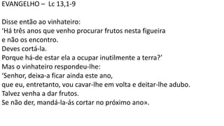 EVANGELHO – Lc 13,1-9
Disse então ao vinhateiro:
‘Há três anos que venho procurar frutos nesta figueira
e não os encontro.
Deves cortá-la.
Porque há-de estar ela a ocupar inutilmente a terra?’
Mas o vinhateiro respondeu-lhe:
‘Senhor, deixa-a ficar ainda este ano,
que eu, entretanto, vou cavar-lhe em volta e deitar-lhe adubo.
Talvez venha a dar frutos.
Se não der, mandá-la-ás cortar no próximo ano».
 