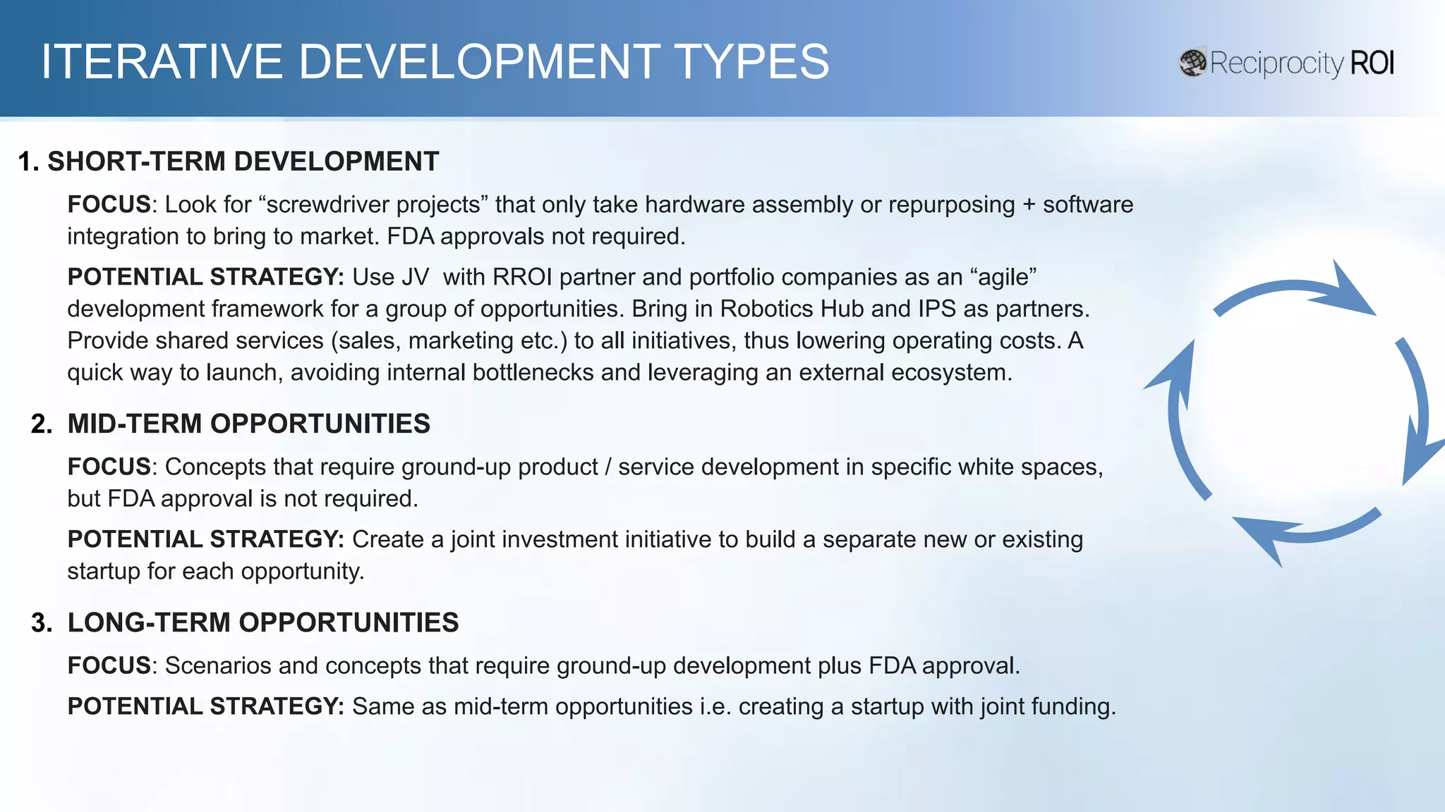 ITERATIVE DEVELOPMENT TYPES
1. SHORT-TERM DEVELOPMENT
FOCUS: Look for “screwdriver projects” that only take hardware assembly or repurposing + software
integration to bring to market. FDA approvals not required.
POTENTIAL STRATEGY: Use JV with RROI partner and portfolio companies as an “agile”
development framework for a group of opportunities. Bring in Robotics Hub and IPS as partners.
Provide shared services (sales, marketing etc.) to all initiatives, thus lowering operating costs. A
quick way to launch, avoiding internal bottlenecks and leveraging an external ecosystem.
2. MID-TERM OPPORTUNITIES
FOCUS: Concepts that require ground-up product / service development in specific white spaces,
but FDA approval is not required.
POTENTIAL STRATEGY: Create a joint investment initiative to build a separate new or existing
startup for each opportunity.
3. LONG-TERM OPPORTUNITIES
FOCUS: Scenarios and concepts that require ground-up development plus FDA approval.
POTENTIAL STRATEGY: Same as mid-term opportunities i.e. creating a startup with joint funding.
 