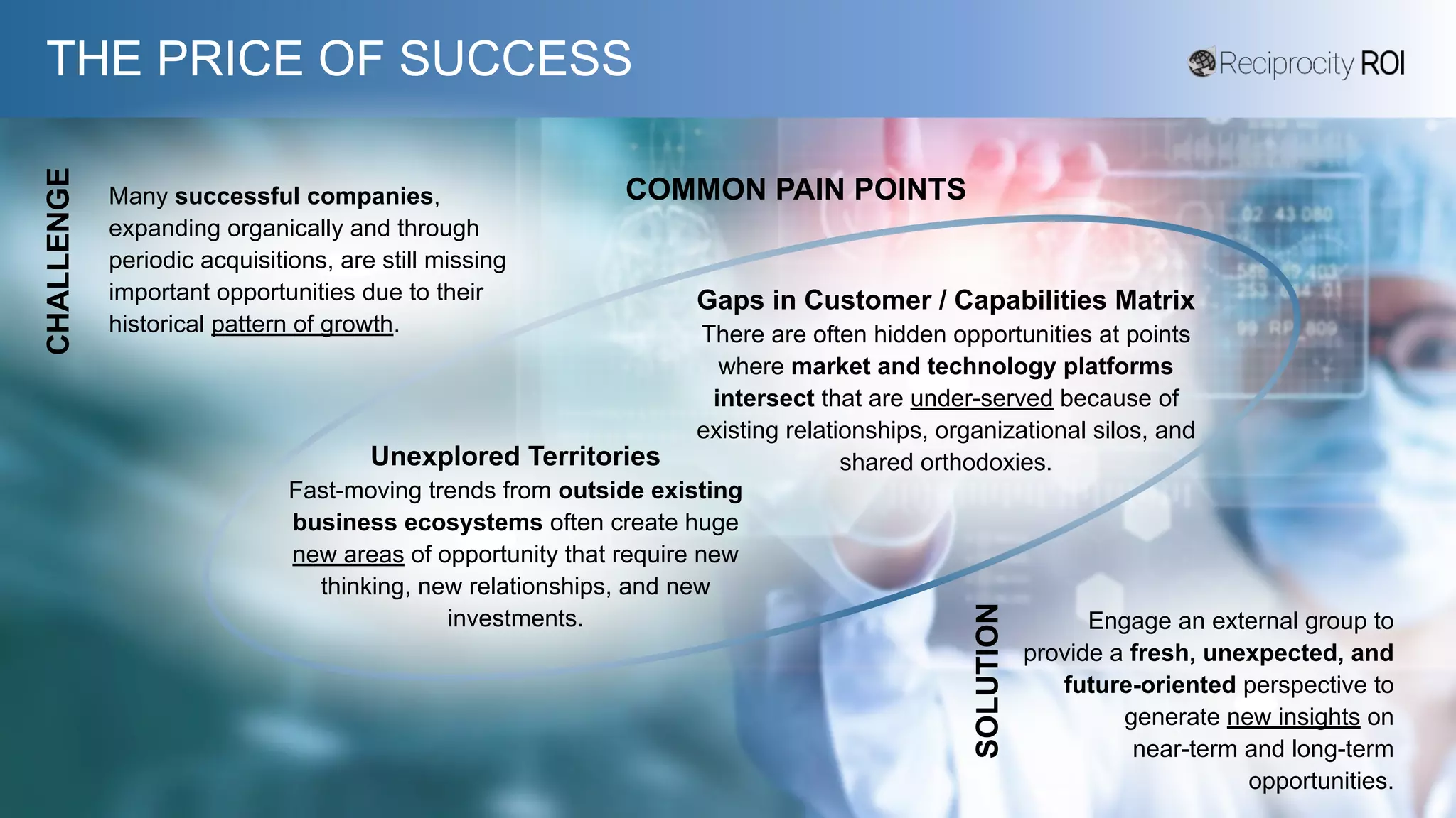 THE PRICE OF SUCCESS
Many successful companies,
expanding organically and through
periodic acquisitions, are still missing
important opportunities due to their
historical pattern of growth.
Engage an external group to
provide a fresh, unexpected, and
future-oriented perspective to
generate new insights on
near-term and long-term
opportunities.
CHALLENGE
SOLUTION
Unexplored Territories
Fast-moving trends from outside existing
business ecosystems often create huge
new areas of opportunity that require new
thinking, new relationships, and new
investments.
Gaps in Customer / Capabilities Matrix
There are often hidden opportunities at points
where market and technology platforms
intersect that are under-served because of
existing relationships, organizational silos, and
shared orthodoxies.
COMMON PAIN POINTS
 