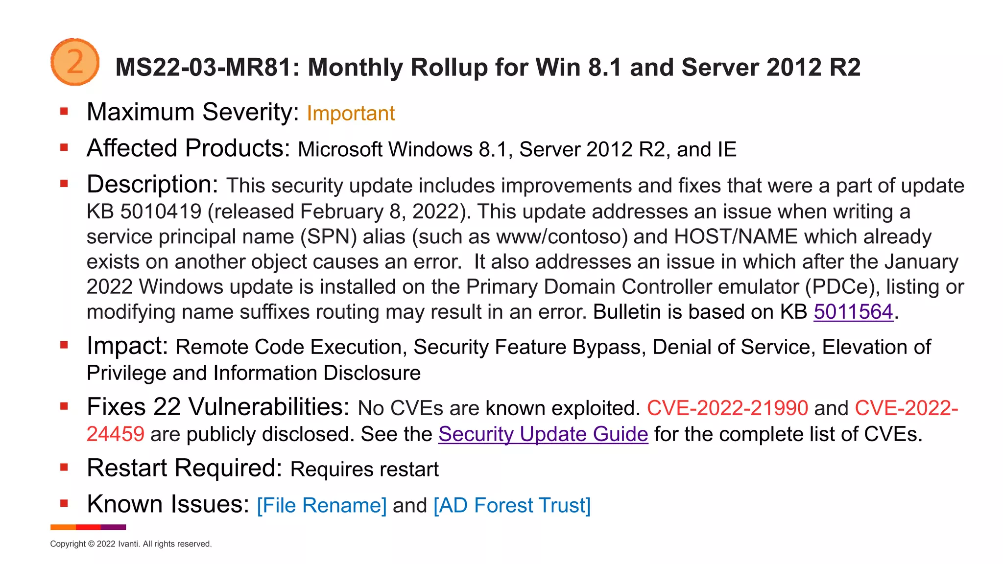 Copyright © 2022 Ivanti. All rights reserved.
MS22-03-MR81: Monthly Rollup for Win 8.1 and Server 2012 R2
 Maximum Severity: Important
 Affected Products: Microsoft Windows 8.1, Server 2012 R2, and IE
 Description: This security update includes improvements and fixes that were a part of update
KB 5010419 (released February 8, 2022). This update addresses an issue when writing a
service principal name (SPN) alias (such as www/contoso) and HOST/NAME which already
exists on another object causes an error. It also addresses an issue in which after the January
2022 Windows update is installed on the Primary Domain Controller emulator (PDCe), listing or
modifying name suffixes routing may result in an error. Bulletin is based on KB 5011564.
 Impact: Remote Code Execution, Security Feature Bypass, Denial of Service, Elevation of
Privilege and Information Disclosure
 Fixes 22 Vulnerabilities: No CVEs are known exploited. CVE-2022-21990 and CVE-2022-
24459 are publicly disclosed. See the Security Update Guide for the complete list of CVEs.
 Restart Required: Requires restart
 Known Issues: [File Rename] and [AD Forest Trust]
 