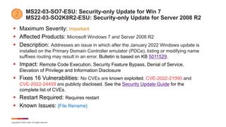 Copyright © 2022 Ivanti. All rights reserved.
MS22-03-SO7-ESU: Security-only Update for Win 7
MS22-03-SO2K8R2-ESU: Security-only Update for Server 2008 R2
 Maximum Severity: Important
 Affected Products: Microsoft Windows 7 and Server 2008 R2
 Description: Addresses an issue in which after the January 2022 Windows update is
installed on the Primary Domain Controller emulator (PDCe), listing or modifying name
suffixes routing may result in an error. Bulletin is based on KB 5011529.
 Impact: Remote Code Execution, Security Feature Bypass, Denial of Service,
Elevation of Privilege and Information Disclosure
 Fixes 16 Vulnerabilities: No CVEs are known exploited. CVE-2022-21990 and
CVE-2022-24459 are publicly disclosed. See the Security Update Guide for the
complete list of CVEs.
 Restart Required: Requires restart
 Known Issues: [File Rename]
 