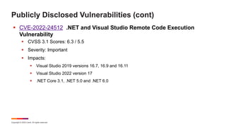 Copyright © 2022 Ivanti. All rights reserved.
Publicly Disclosed Vulnerabilities (cont)
 CVE-2022-24512 .NET and Visual Studio Remote Code Execution
Vulnerability
 CVSS 3.1 Scores: 6.3 / 5.5
 Severity: Important
 Impacts:
 Visual Studio 2019 versions 16.7, 16.9 and 16.11
 Visual Studio 2022 version 17
 .NET Core 3.1, .NET 5.0 and .NET 6.0
 