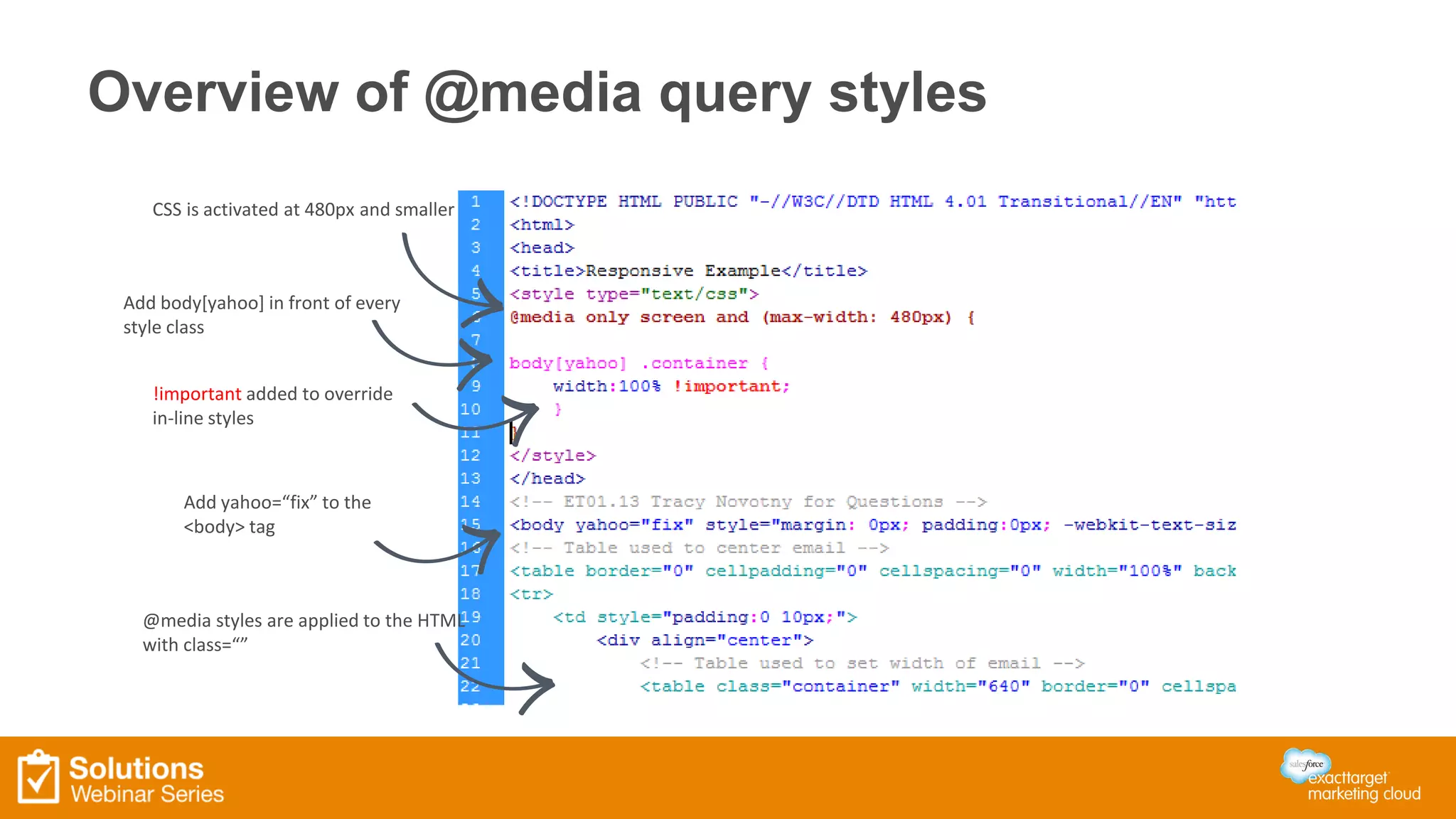Overview of @media query styles
CSS is activated at 480px and smaller
Add body[yahoo] in front of every
style class
Add yahoo=“fix” to the
<body> tag
@media styles are applied to the HTML
with class=“”
!important added to override
in-line styles
 